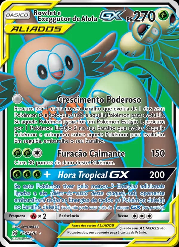 Rowlet e Exeggutor de Alola GX, carta 214 de Sintonia Mental 
