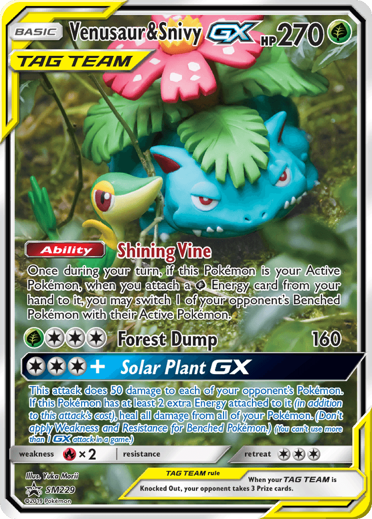 Venusaur & Snivy GX, carta SM229 de SM Black Star Promos