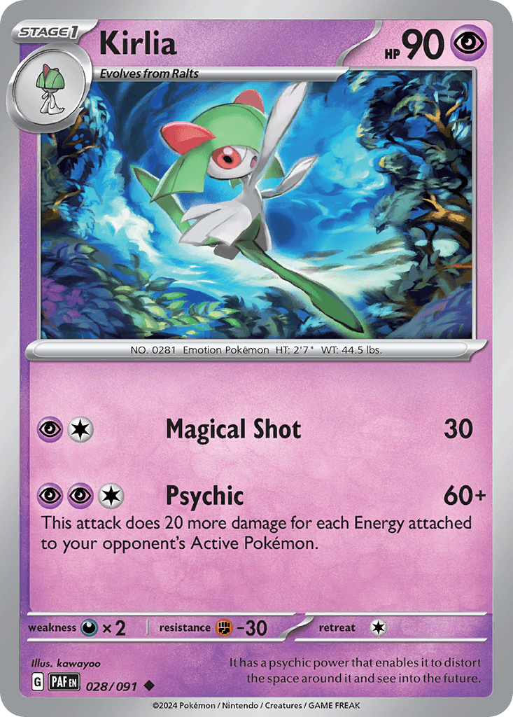 Kirlia, carta 028 de Paldean Fates