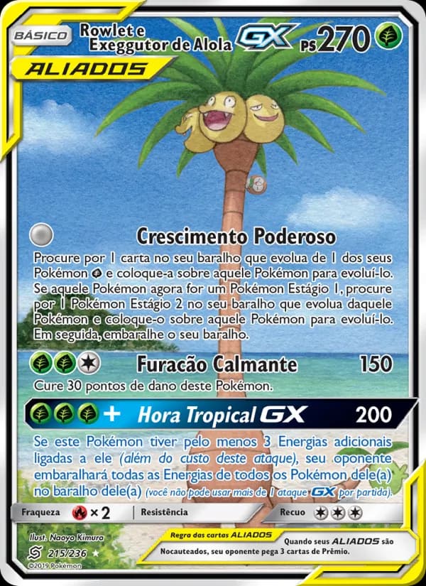 Rowlet e Exeggutor de Alola GX, carta 215 de Sintonia Mental 