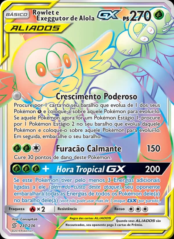 Rowlet e Exeggutor de Alola GX, carta 237 de Sintonia Mental 
