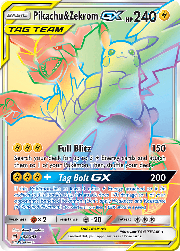 Pikachu & Zekrom GX, carta 184 de Team Up